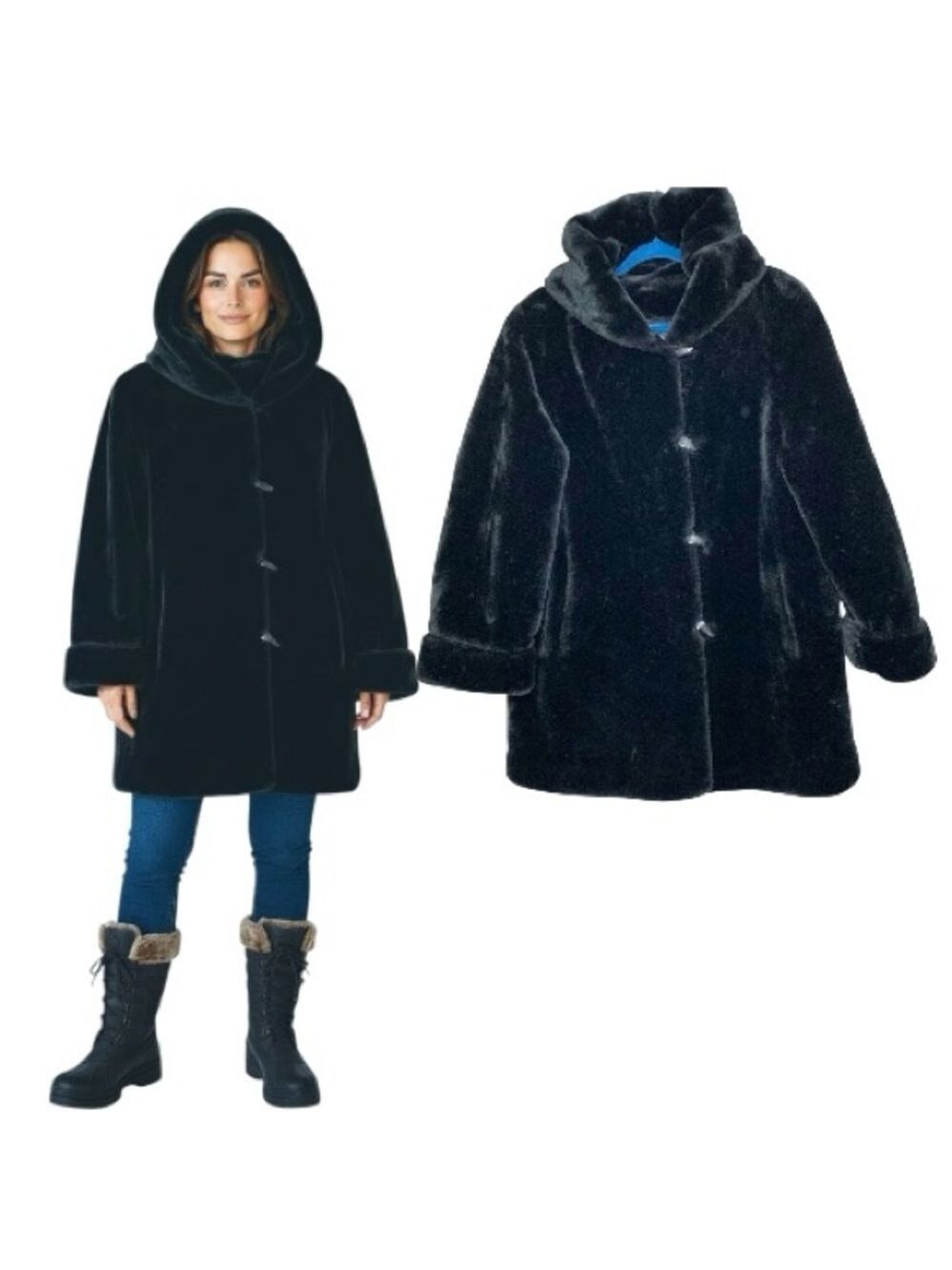 Fen Nelli Black Faux Fur Hooded Coat Sz 13/14 Toggles Classic Winter Jacket